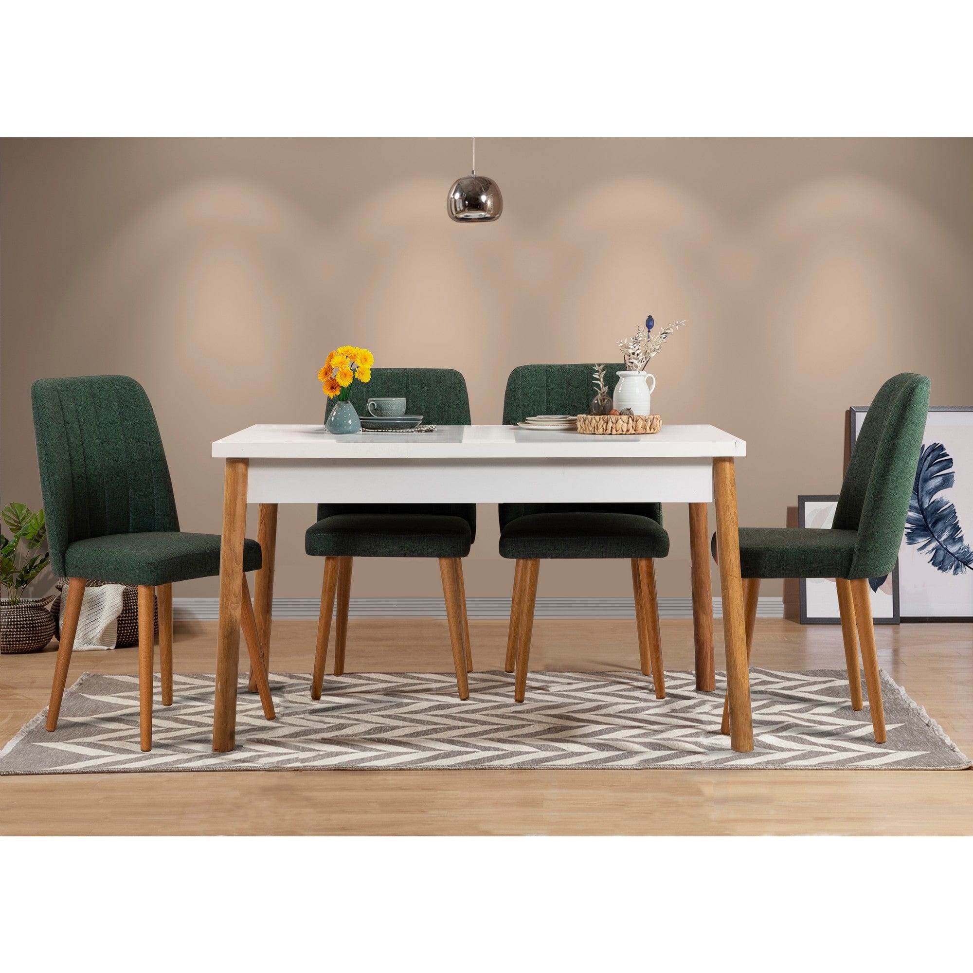 Set masa din pal + 4 scaune tapitate cu stofa, Costa V9 Pin Atlantic / Alb / Verde, L120xl77xH75 cm