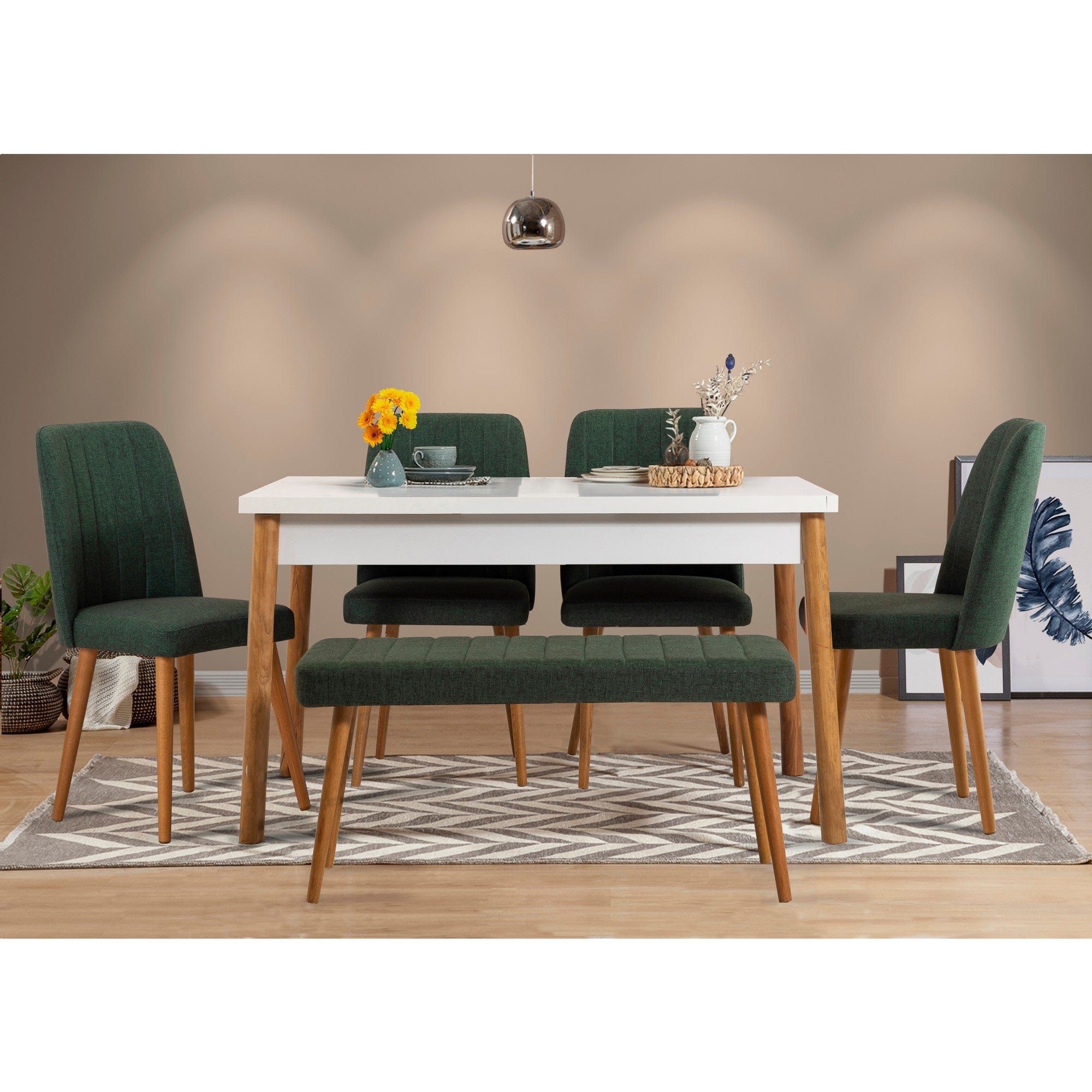 Set masa din pal + 4 scaune tapitate cu stofa + 1 banca tapitata cu stofa, Costa 1070-2-AB Pin Atlantic / Alb / Verde, L120xl77xH75 cm