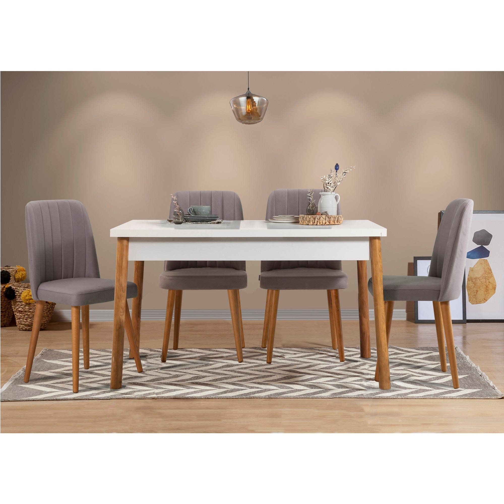 Set masa din pal + 4 scaune tapitate cu stofa, Costa W1 Pin Atlantic / Alb / Gri, L120xl77xH75 cm