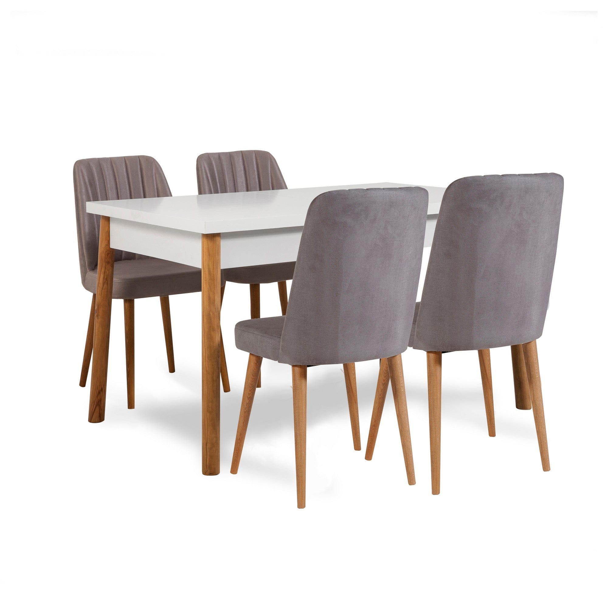 Set masa din pal + 4 scaune tapitate cu stofa + 1 banca tapitata cu stofa, Costa 0701-2-AB Pin Atlantic / Alb / Gri, L120xl77xH75 cm (1)