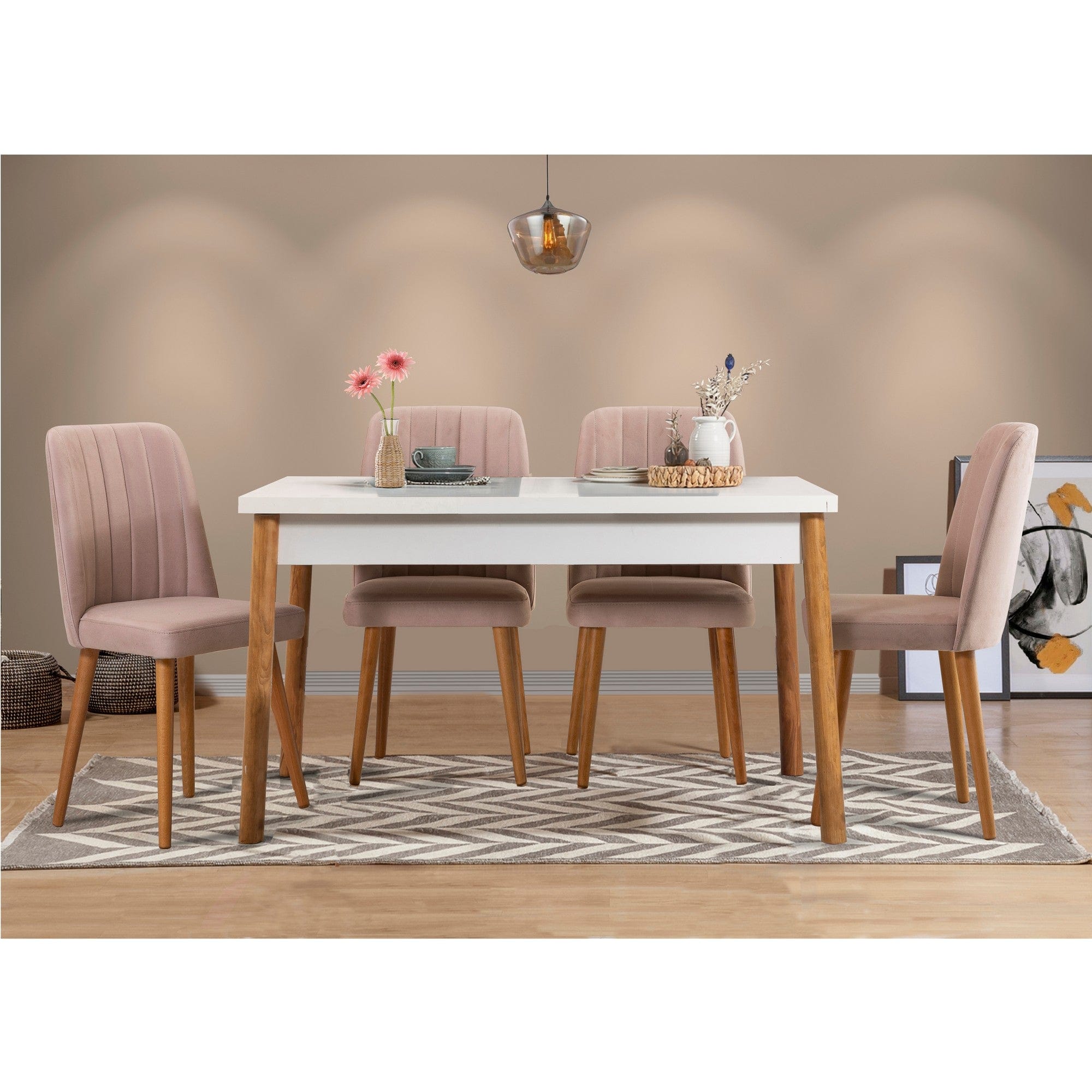 Set masa din pal + 4 scaune tapitate cu stofa, Costa W3 Pin Atlantic / Alb / Cappuccino, L120xl77xH75 cm