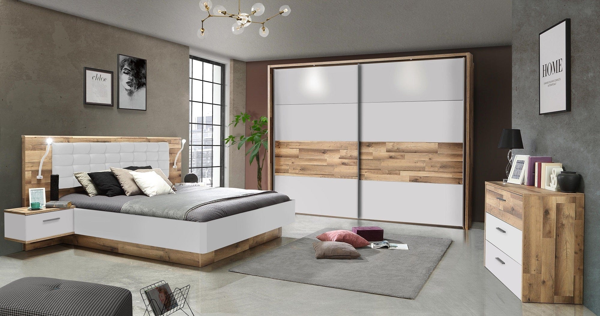 Set Mobila Dormitor din pal, cu pat 200 x 180 cm, 3 piese, Modern Way Stejar / Alb
