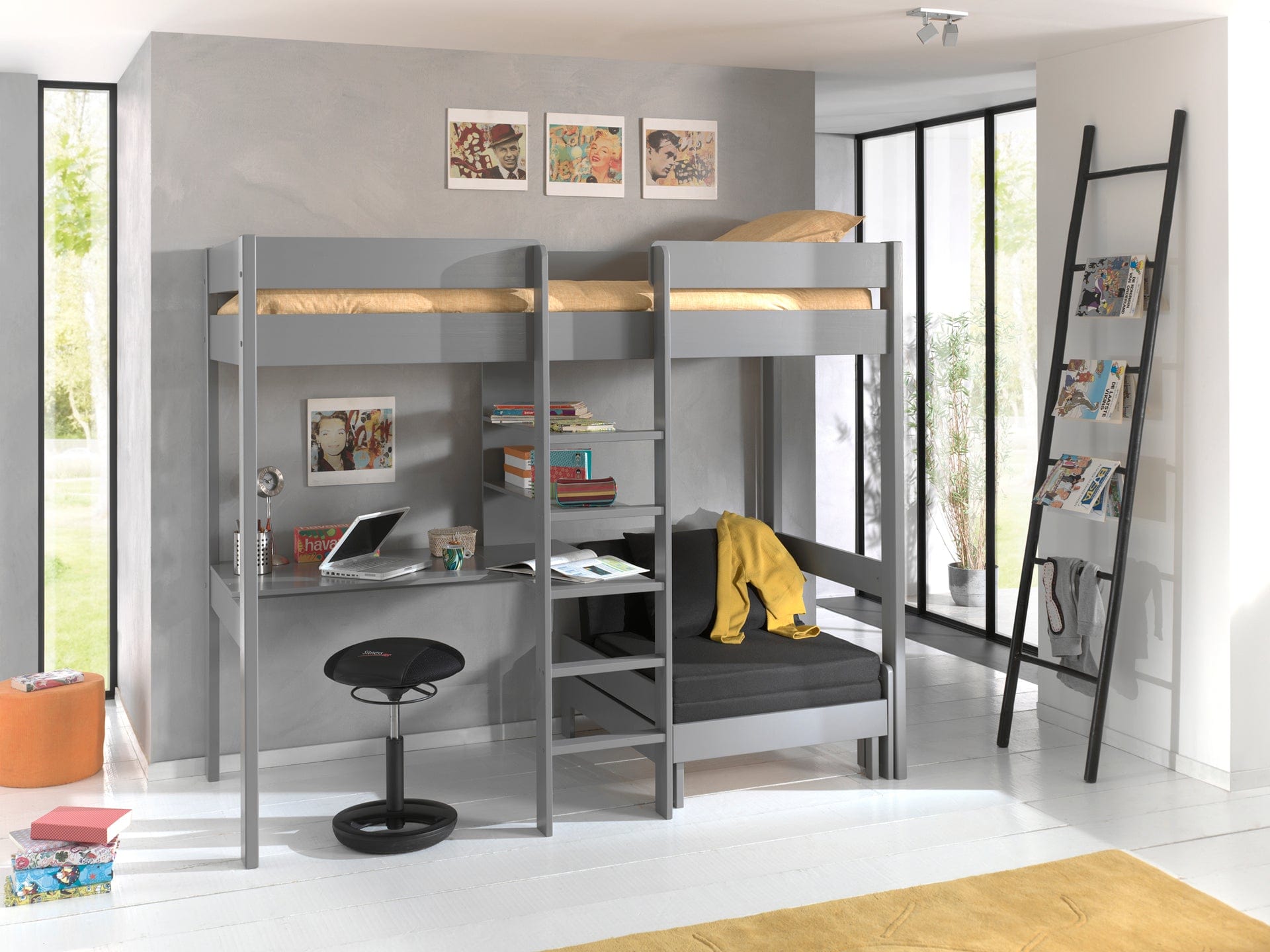 Pat etajat din lemn si MDF, cu birou si fotoliu extensibil, pentru copii, Highsleeper Gri, 90 x 200 cm (1)
