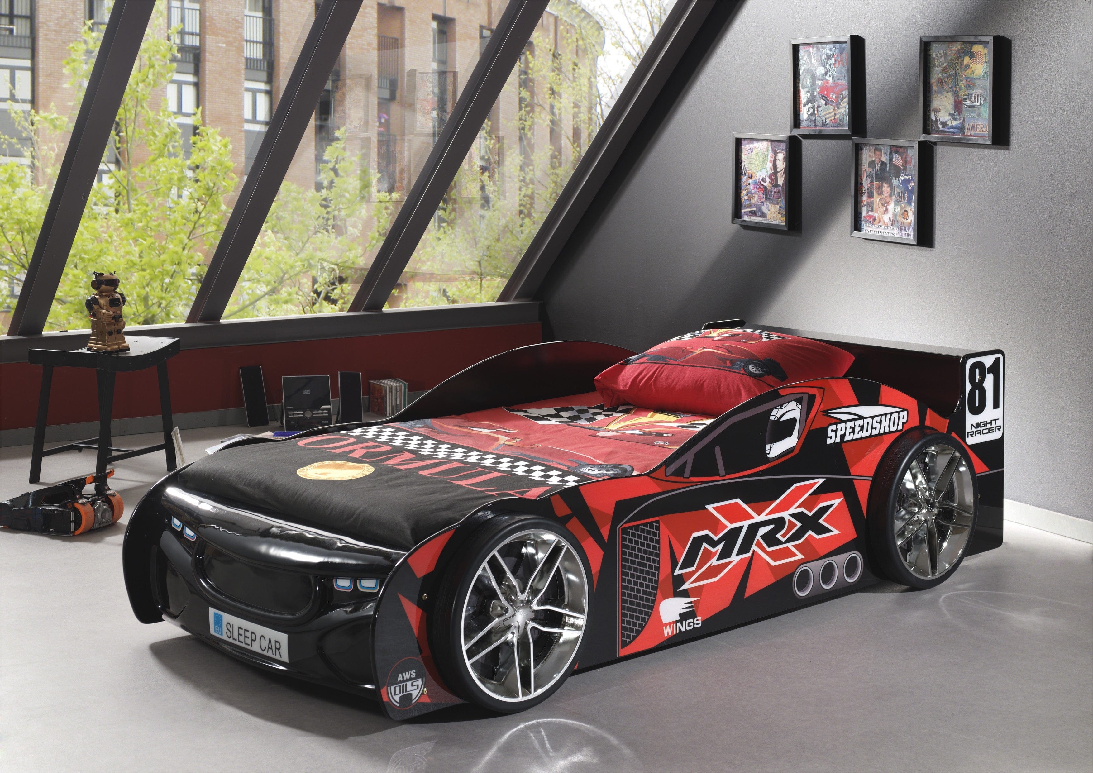 Pat din MDF pentru copii, Sleep Car Negru, 90 x 200 cm (1)