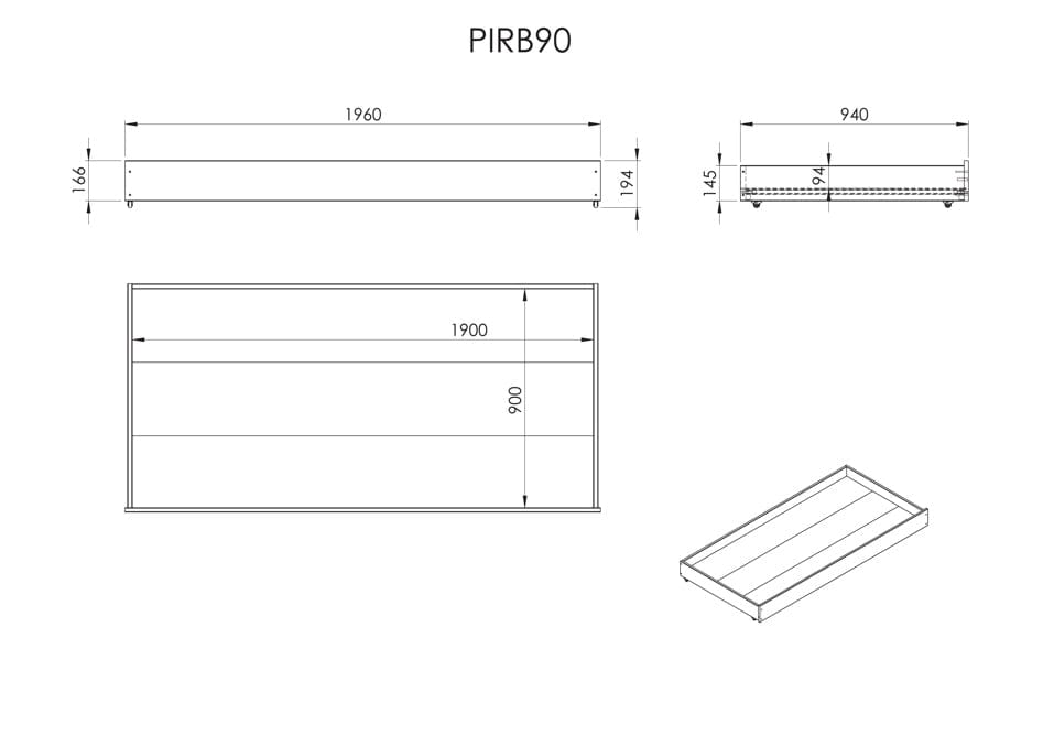 Sertar pat din lemn de pin, Pino Gri, l196xA93,8xH19,4 cm (2)
