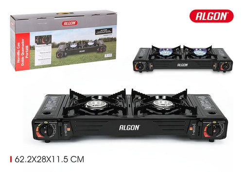 Aragaz Camping Portabil, 2 Arzatoare pe gaz, din metal, Algon Negru, L62,2xl28xH11,5 cm