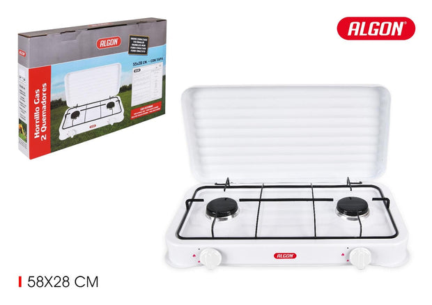 Aragaz Camping Portabil, 2 Arzatoare pe gaz si capac, din metal, Algon Alb, L58xl28 cm