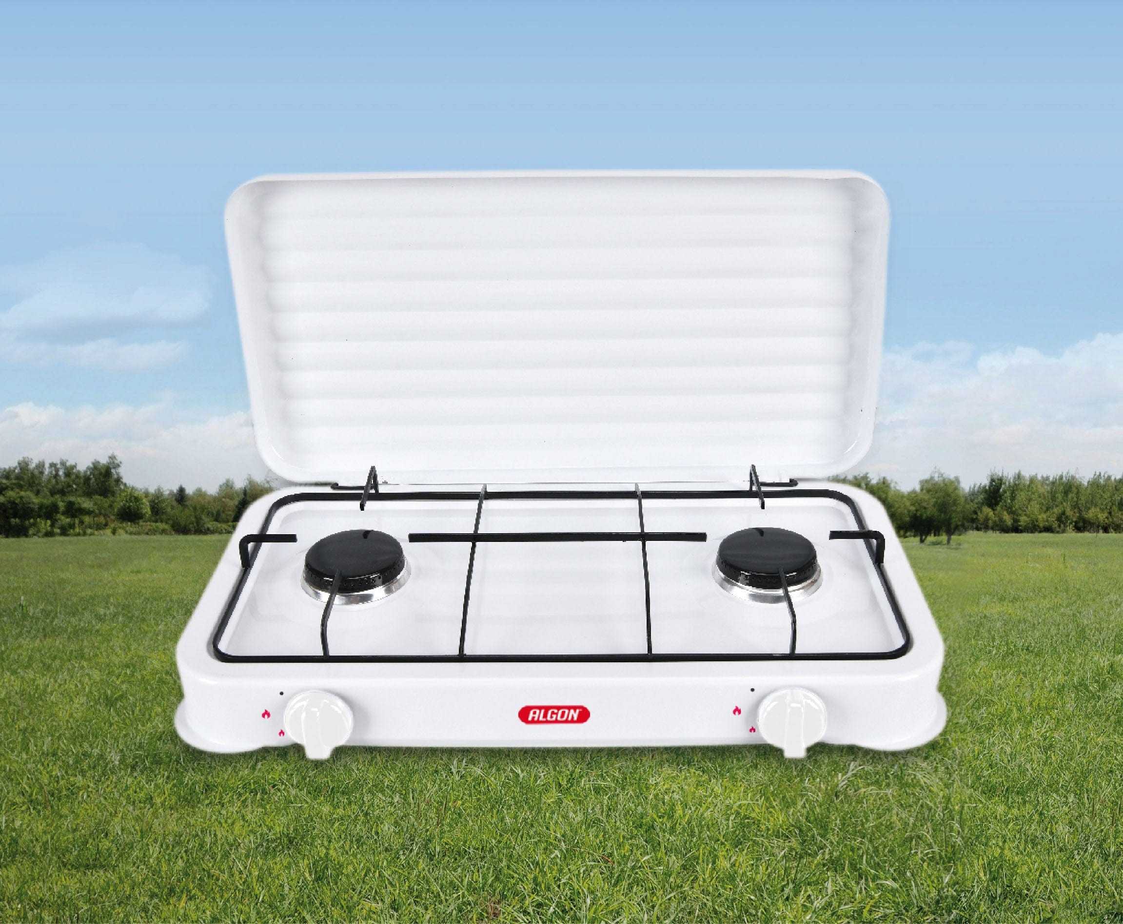 Aragaz Camping Portabil, 2 Arzatoare pe gaz si capac, din metal, Algon Alb, L58xl28 cm (4)
