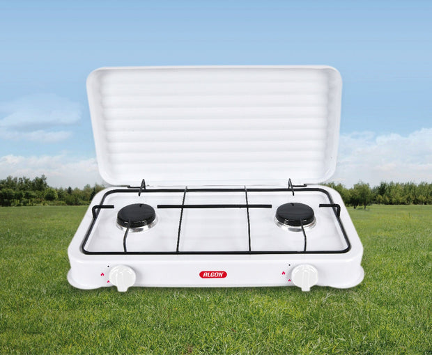 Aragaz Camping Portabil, 2 Arzatoare pe gaz si capac, din metal, Algon Alb, L58xl28 cm (4)