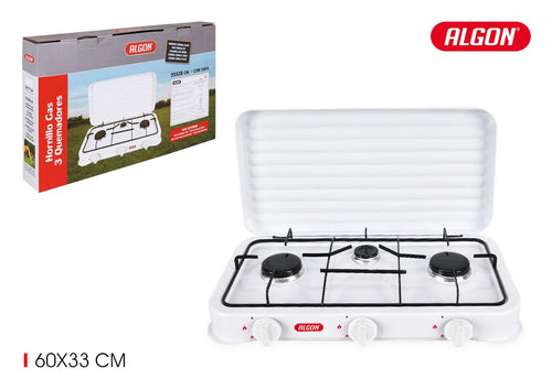 Aragaz Camping Portabil, 3 Arzatoare pe gaz si capac, din metal, Algon Alb, L60xl33 cm