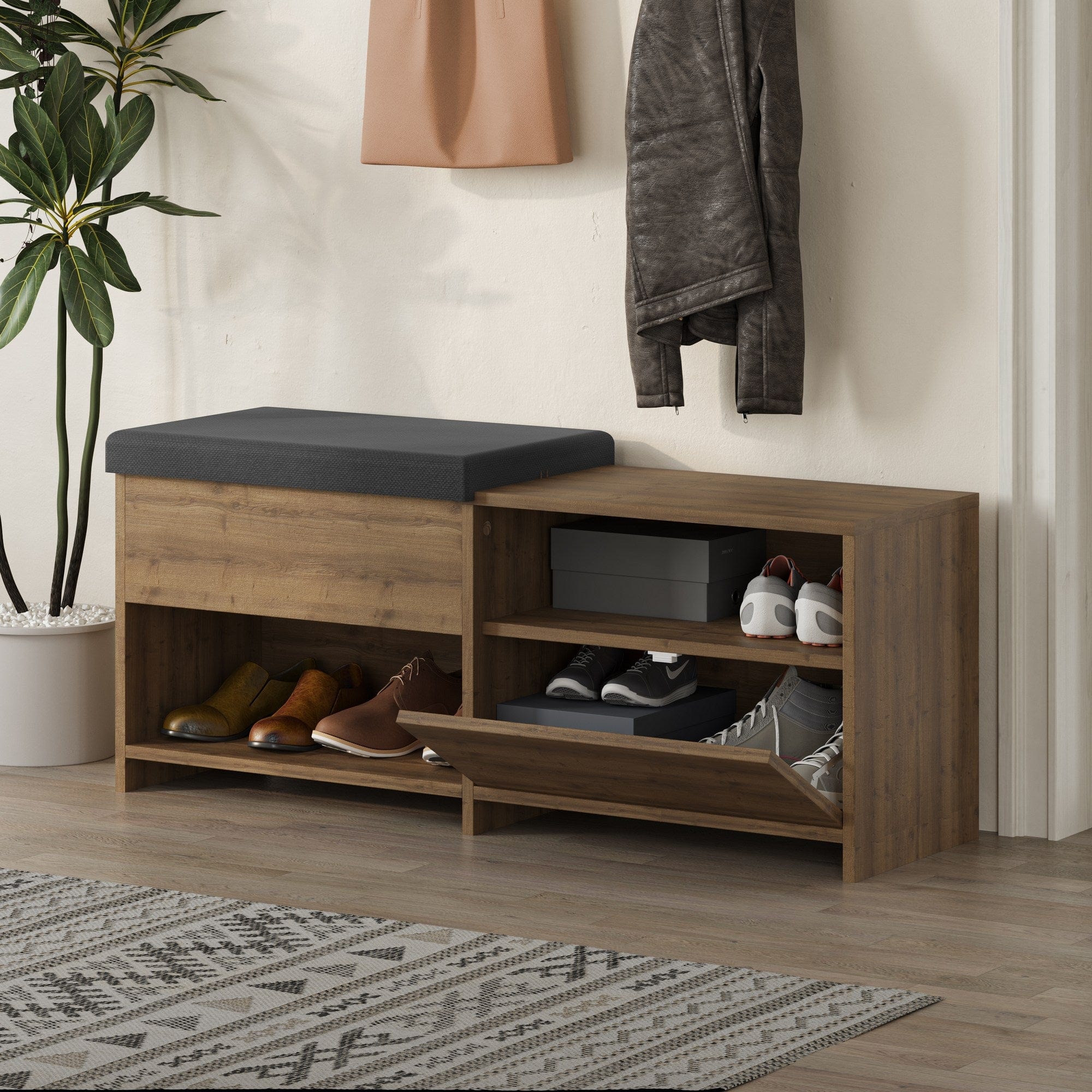 Banca cu pantofar, din pal, 2 usi, Filux Natural, l120,3xA40,5xH51 cm (3)