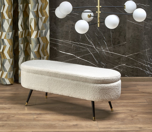 Banca cu spatiu de depozitare, tapitata cu stofa si picioare metalice Aveiro Crem / Negru, l120xA40xH46 cm