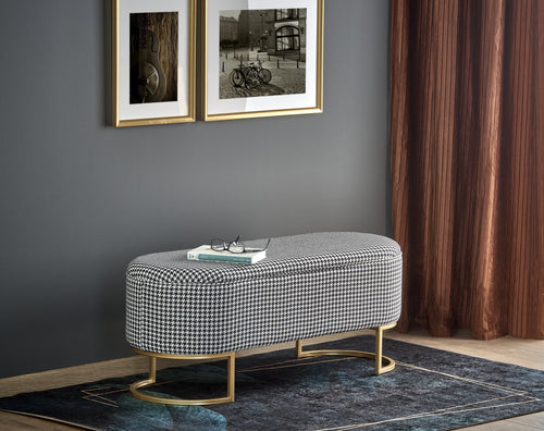 Banca cu spatiu de depozitare, tapitata cu stofa si picioare metalice Harmony Alb / Negru / Auriu, l105xA40xH42 cm