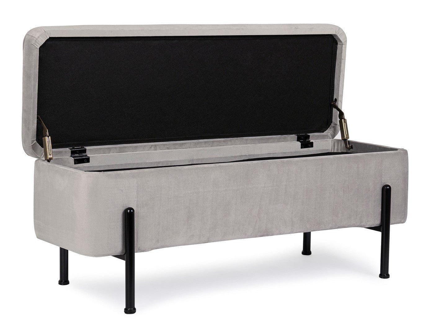 Banca cu spatiu de depozitare, tapitata cu stofa si picioare metalice, Irina Velvet Gri Deschis, l110xA42xH42 cm (6)