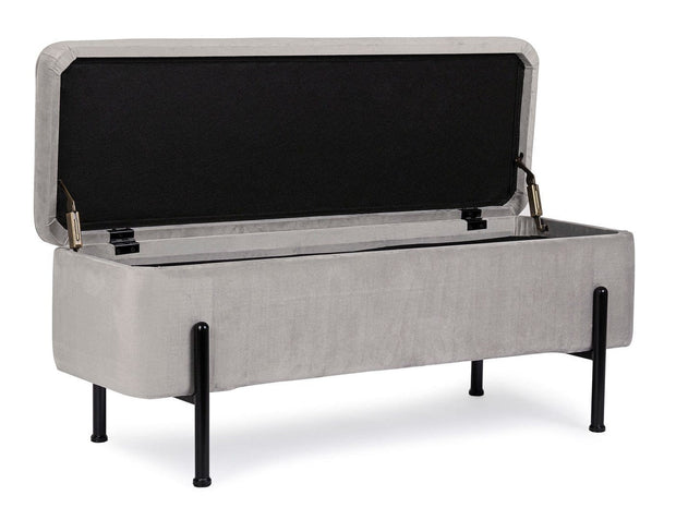 Banca cu spatiu de depozitare, tapitata cu stofa si picioare metalice, Irina Velvet Gri Deschis, l110xA42xH42 cm (6)