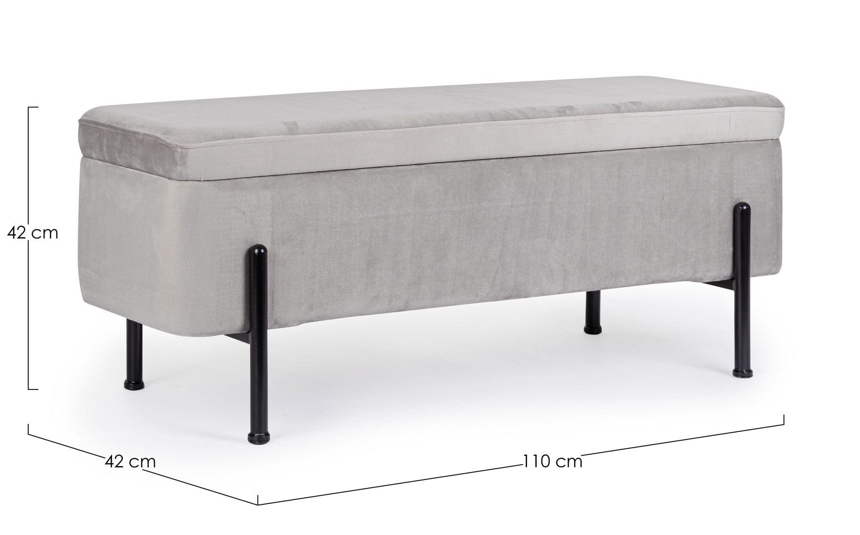 Banca cu spatiu de depozitare, tapitata cu stofa si picioare metalice, Irina Velvet Gri Deschis, l110xA42xH42 cm (1)