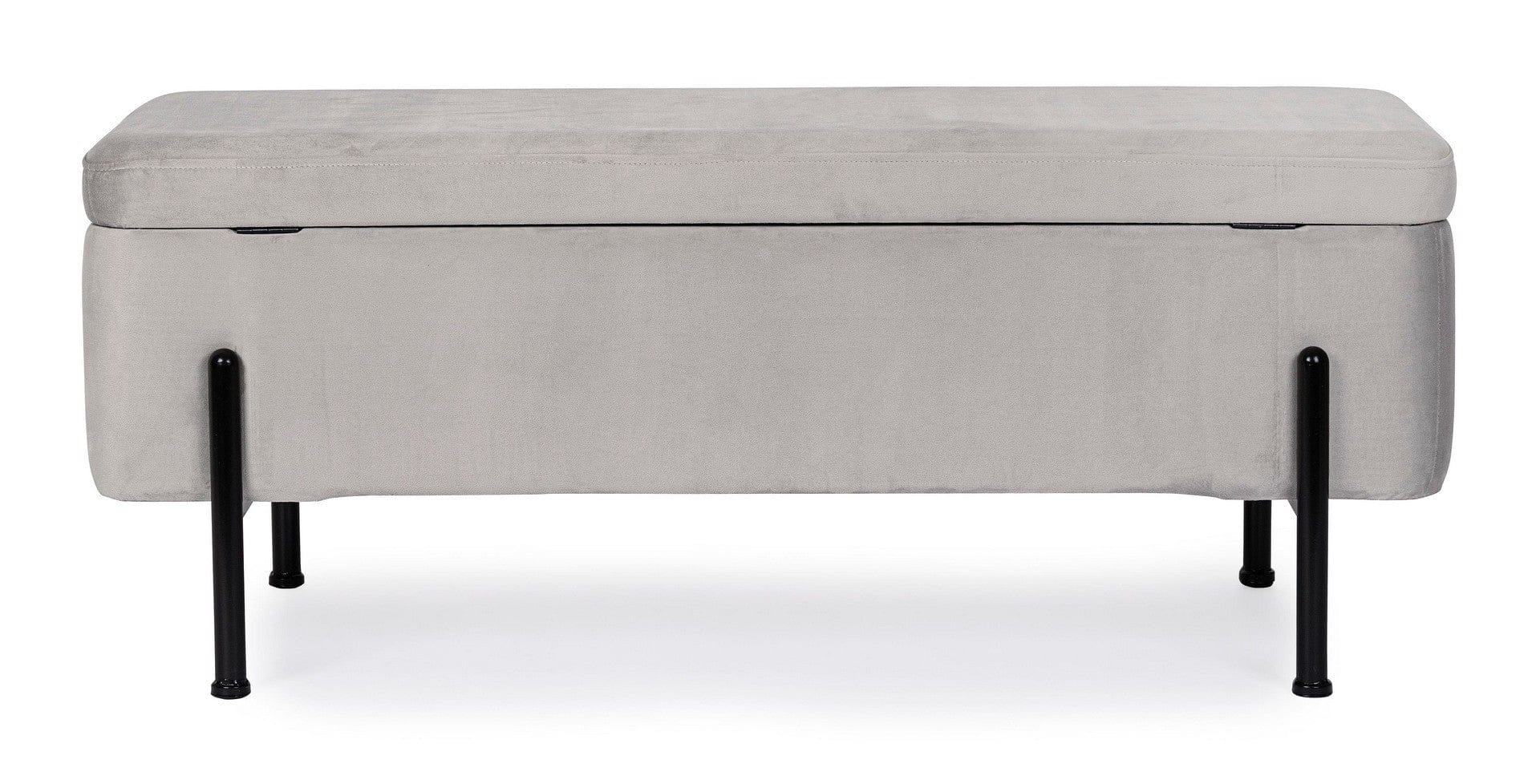 Banca cu spatiu de depozitare, tapitata cu stofa si picioare metalice, Irina Velvet Gri Deschis, l110xA42xH42 cm (3)