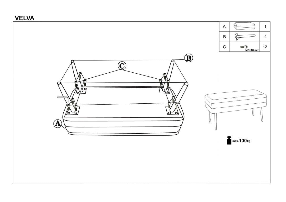 Banca cu spatiu de depozitare, tapitata cu stofa si picioare metalice, Velante Velvet Gri / Auriu, l78xA42xH37 cm (7)