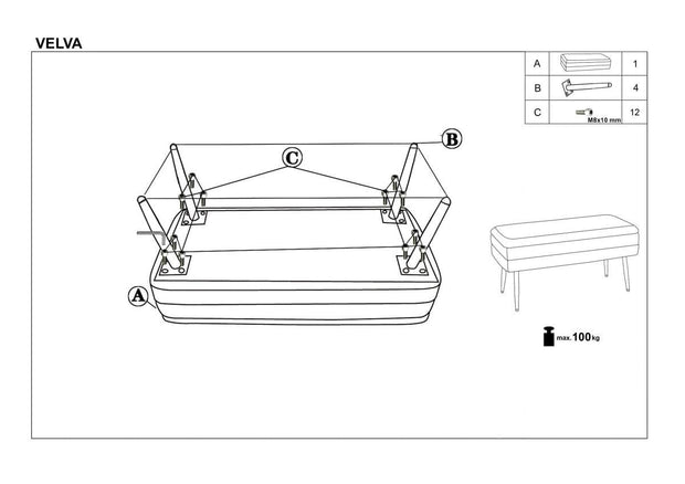 Banca cu spatiu de depozitare, tapitata cu stofa si picioare metalice, Velante Velvet Gri / Auriu, l78xA42xH37 cm (7)