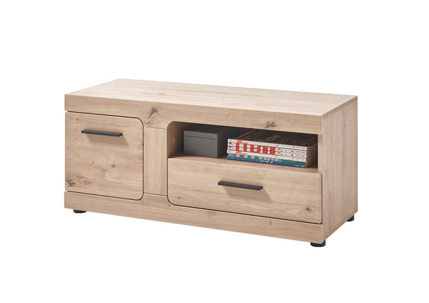 BFSummer Banca din pal si MDF, cu 1 sertar si 1 usa Arsen Stejar, l95xA38xH43 cm