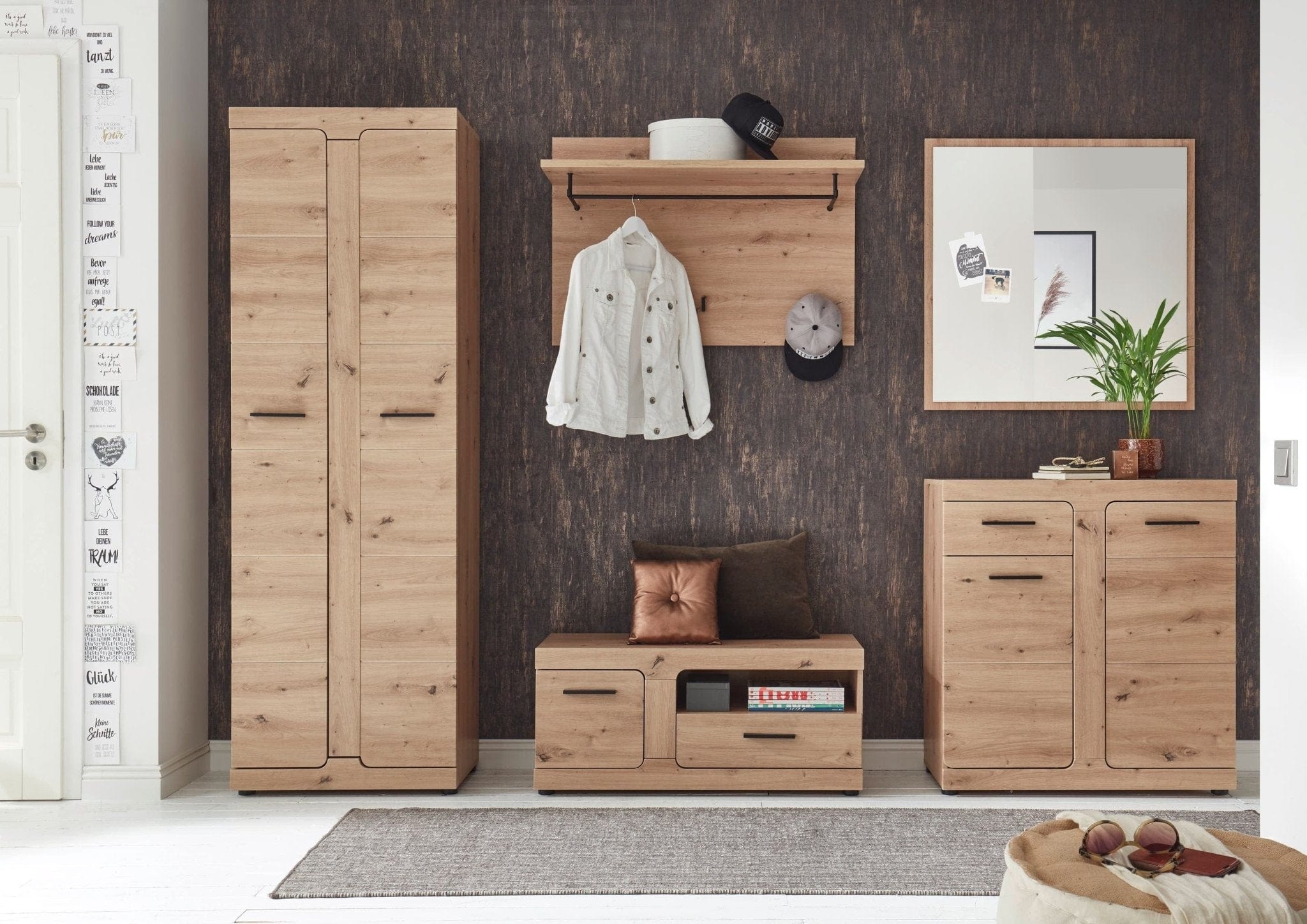 BFSummer Banca din pal si MDF, cu 1 sertar si 1 usa Arsen Stejar, l95xA38xH43 cm