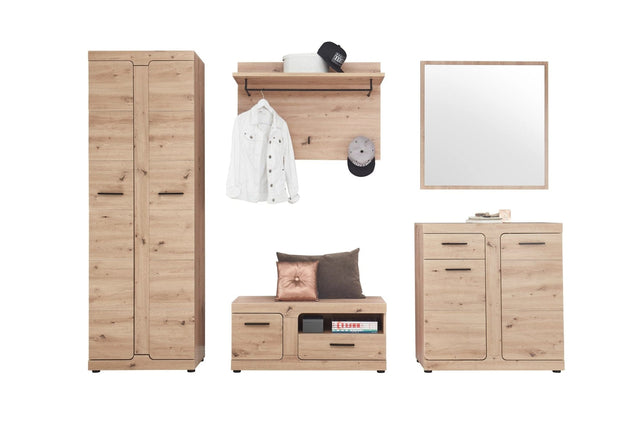 BFSummer Banca din pal si MDF, cu 1 sertar si 1 usa Arsen Stejar, l95xA38xH43 cm