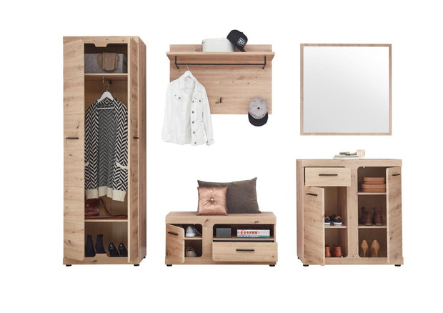 BFSummer Banca din pal si MDF, cu 1 sertar si 1 usa Arsen Stejar, l95xA38xH43 cm