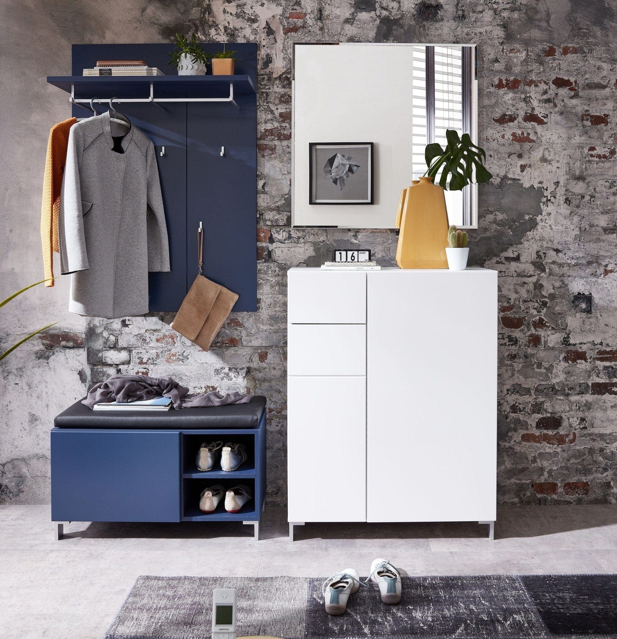 BFSummer Banca tapitata cu piele ecologica, cu 1 usa Kalis Albastru, l80xA39xH48 cm