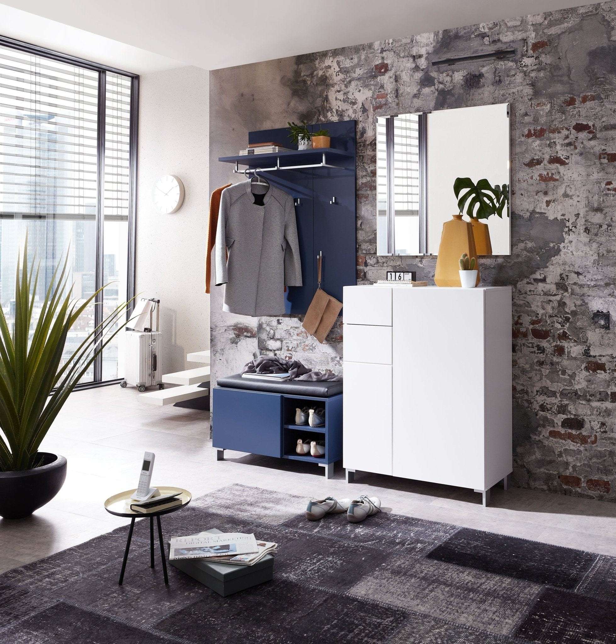 BFSummer Banca tapitata cu piele ecologica, cu 1 usa Kalis Albastru, l80xA39xH48 cm