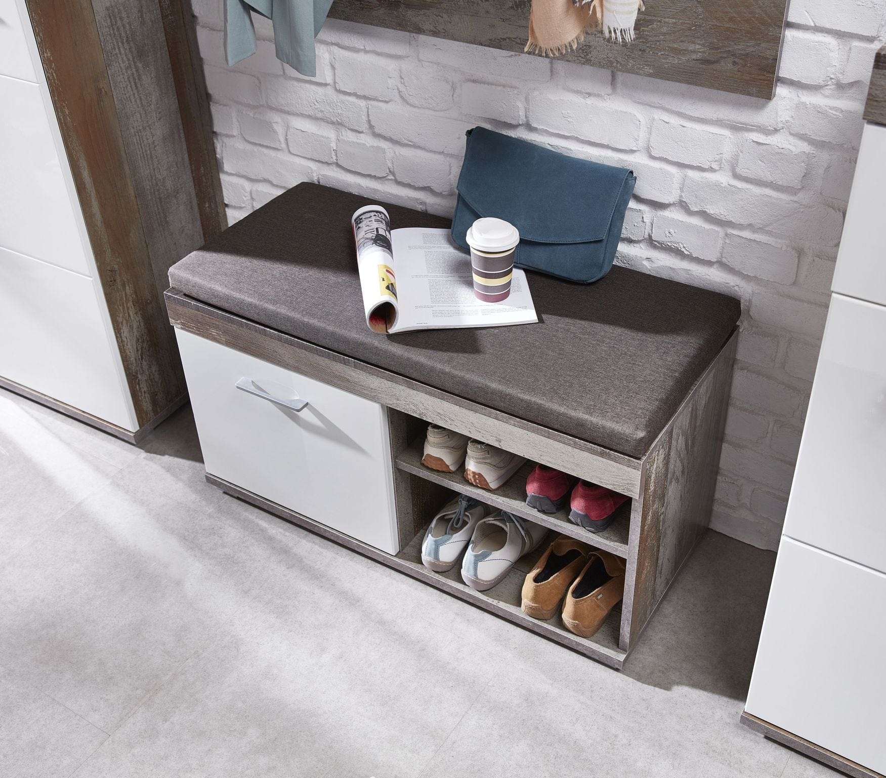 BFSummer Banca tapitata cu stofa cu 1 usa Krone Maro / Alb, l90xA38xH46 cm