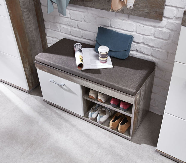 BFSummer Banca tapitata cu stofa cu 1 usa Krone Maro / Alb, l90xA38xH46 cm