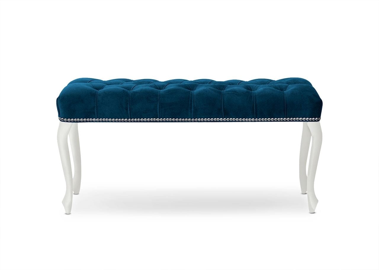Atreve Banca tapitata cu stofa si picioare din lemn, Ingrid Medium Velvet Bleumarin / Alb, l100xA40xH49 cm
