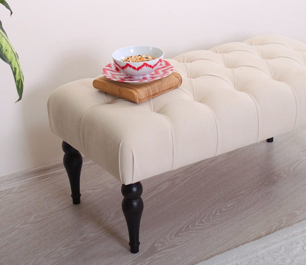 Banca tapitata cu stofa si picioare din lemn, Missus Crem / Negru, l92xA48xH43 cm (3)