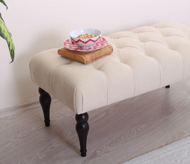 Banca tapitata cu stofa si picioare din lemn, Missus Crem / Negru, l92xA48xH43 cm (3)