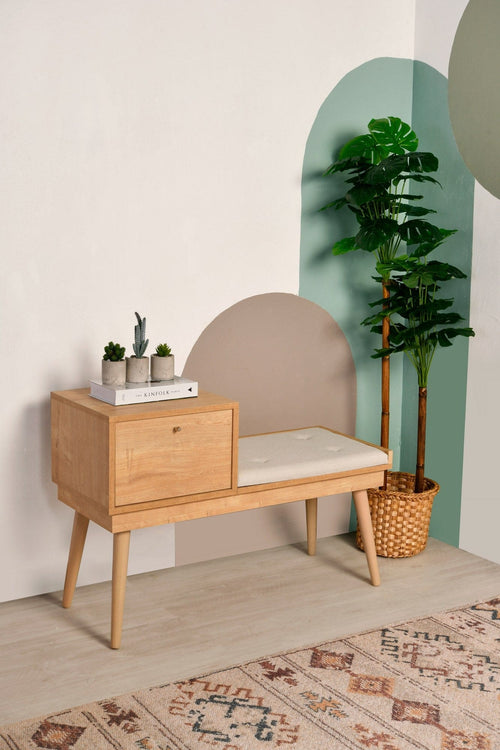 Banca tapitata cu stofa si picioare din lemn, Urban Crem / Stejar, l105xA40xH45 cm