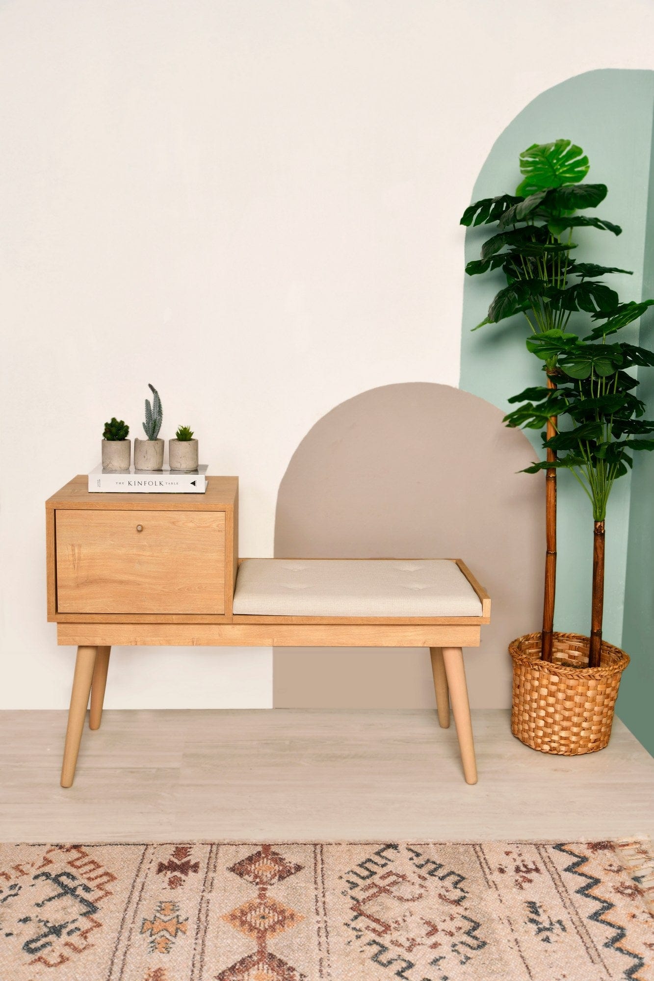 Banca tapitata cu stofa si picioare din lemn, Urban Crem / Stejar, l105xA40xH45 cm (1)