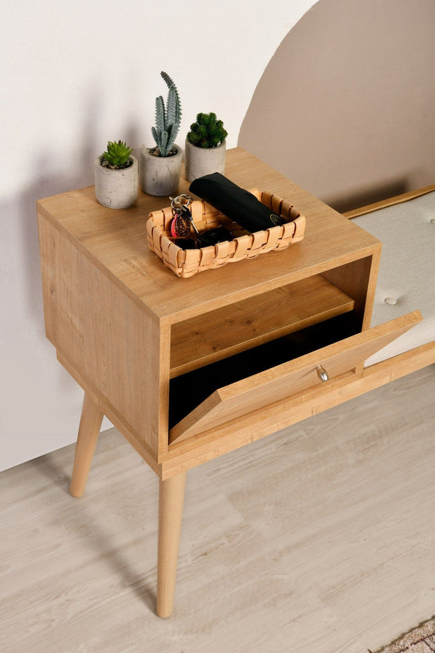 Banca tapitata cu stofa si picioare din lemn, Urban Crem / Stejar, l105xA40xH45 cm (2)