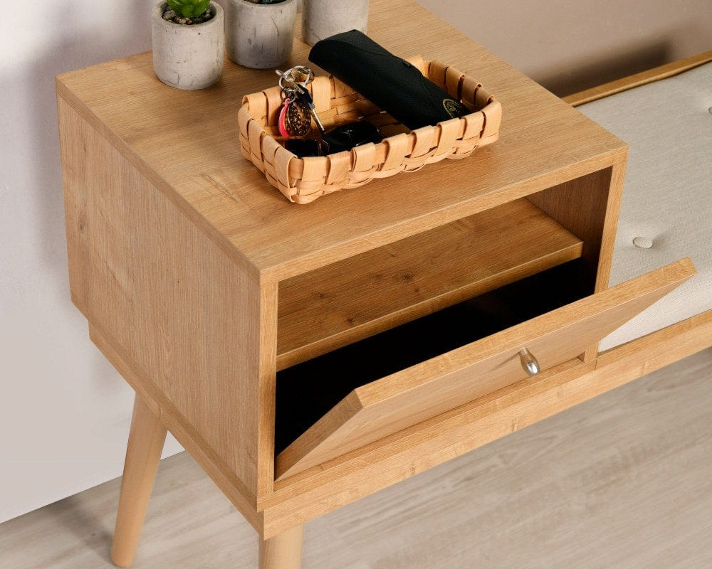 Banca tapitata cu stofa si picioare din lemn, Urban Crem / Stejar, l105xA40xH45 cm (3)