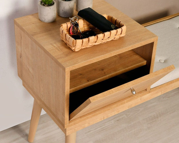 Banca tapitata cu stofa si picioare din lemn, Urban Crem / Stejar, l105xA40xH45 cm (3)