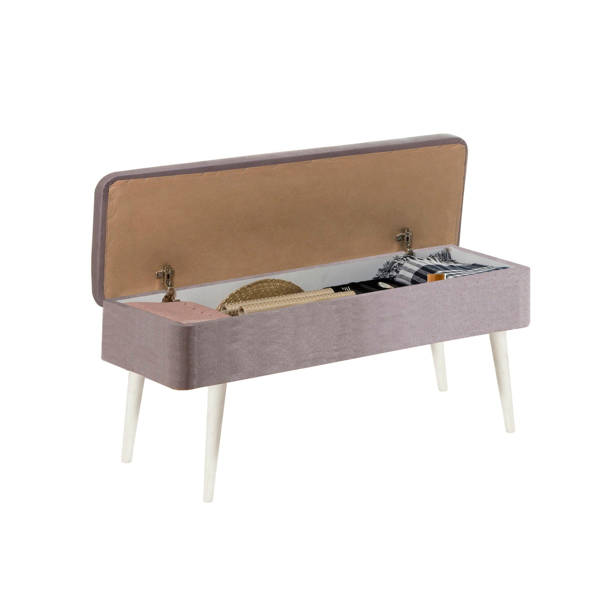 Banca tapitata cu stofa si picioare din lemn, Vina 0701 Velvet Gri / Alb, l110xA40xH50 cm (2)