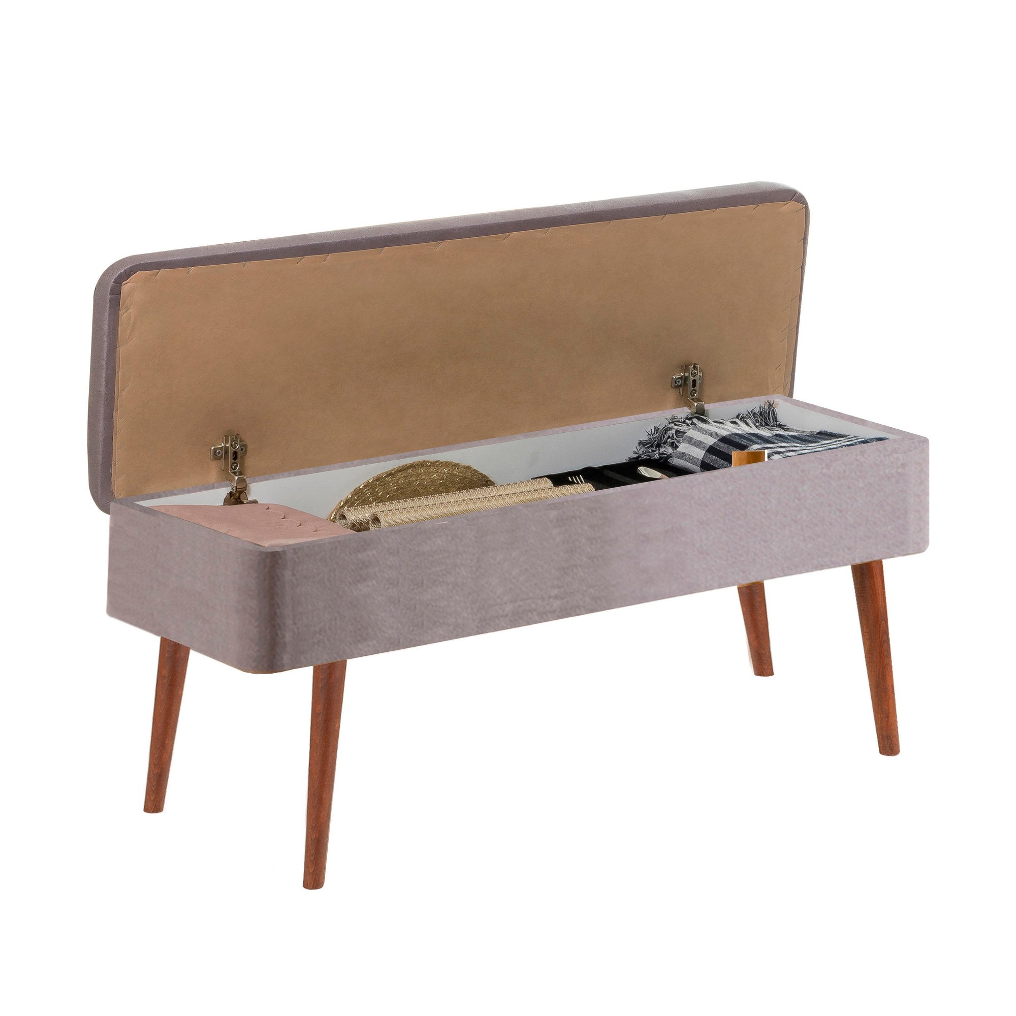 Banca tapitata cu stofa si picioare din lemn, Vina 0701 Velvet Gri / Nuc, l110xA40xH50 cm (2)