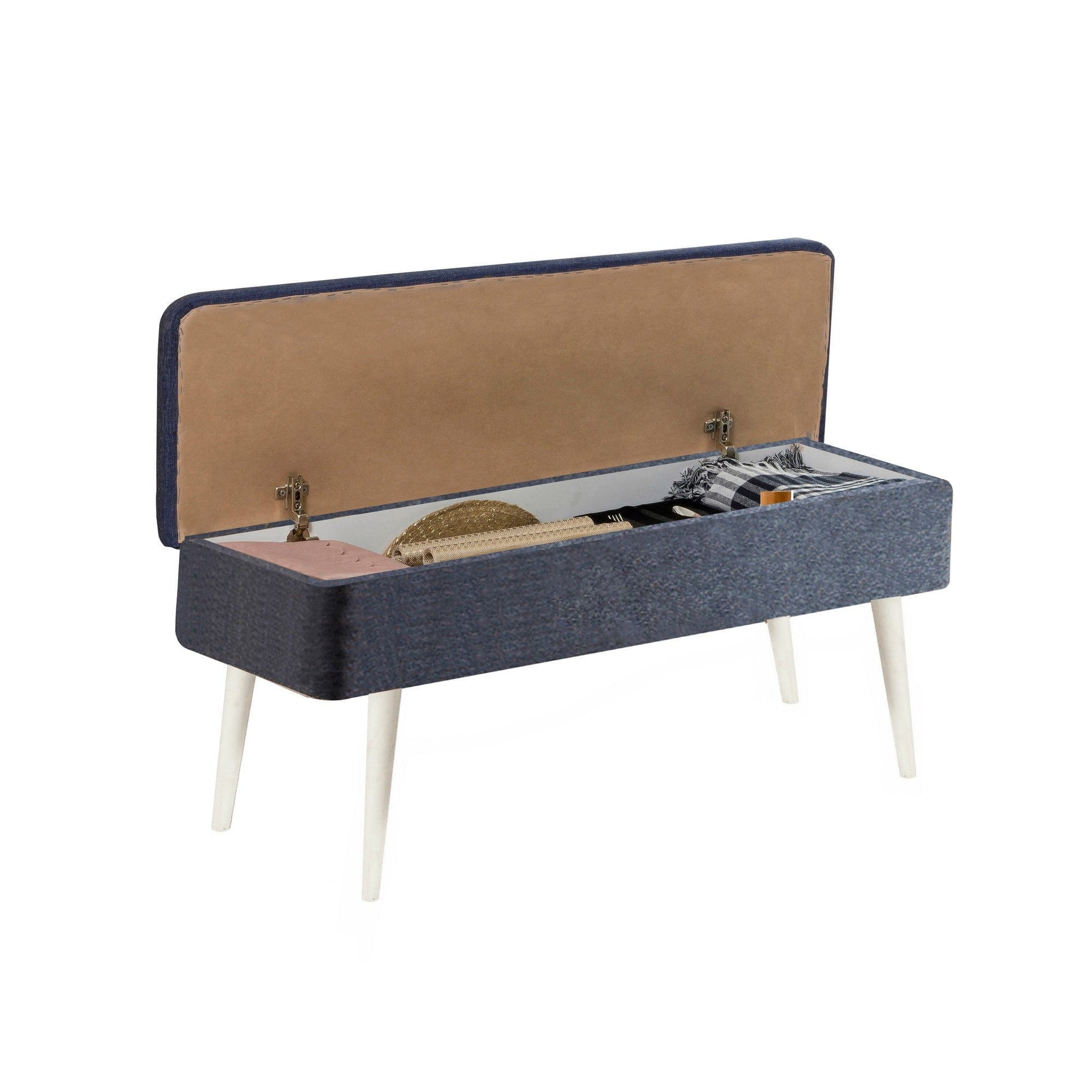 Banca tapitata cu stofa si picioare din lemn, Vina 1048 Bleumarin / Alb, l110xA40xH50 cm (2)