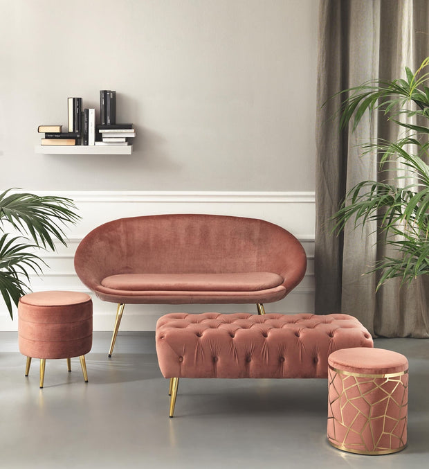 BFSummer Banca tapitata cu stofa si picioare metalice Cipria Velvet Roz / Auriu, l103xA42xH45 cm