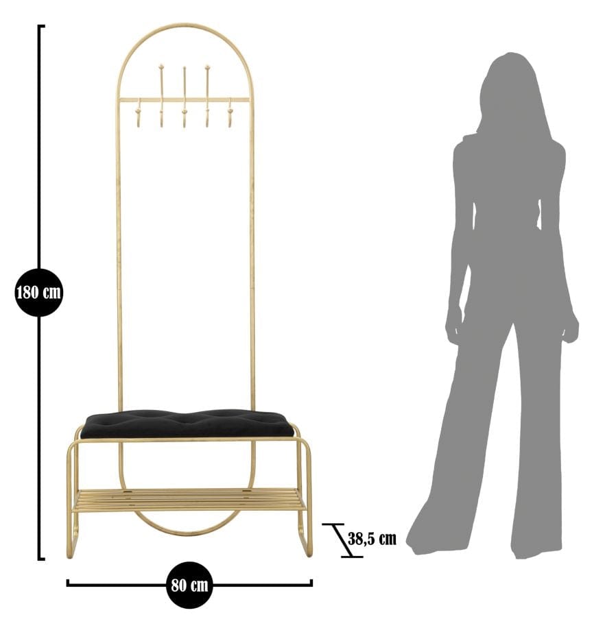 Banca tapitata cu stofa si picioare metalice, cu suport pantofi si cuier, Piramid Velvet Auriu / Negru, l80xA38,5xH180 cm (9)