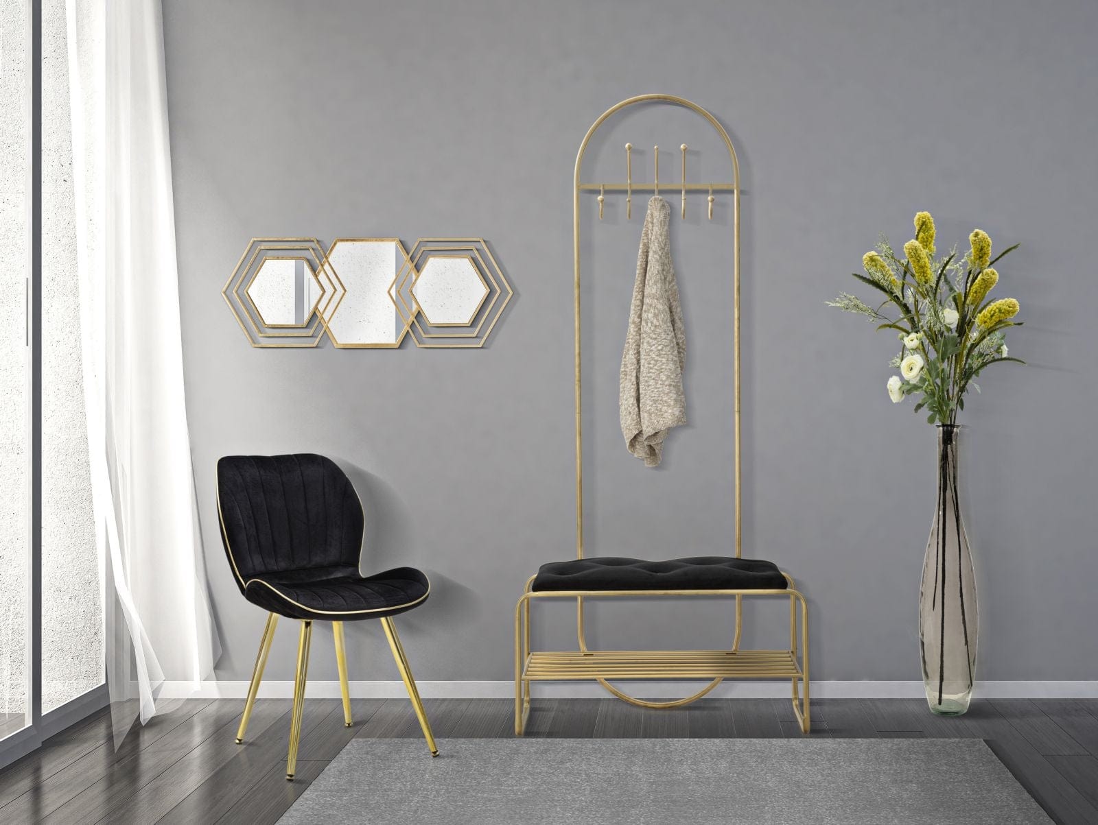 Banca tapitata cu stofa si picioare metalice, cu suport pantofi si cuier, Piramid Velvet Auriu / Negru, l80xA38,5xH180 cm (1)