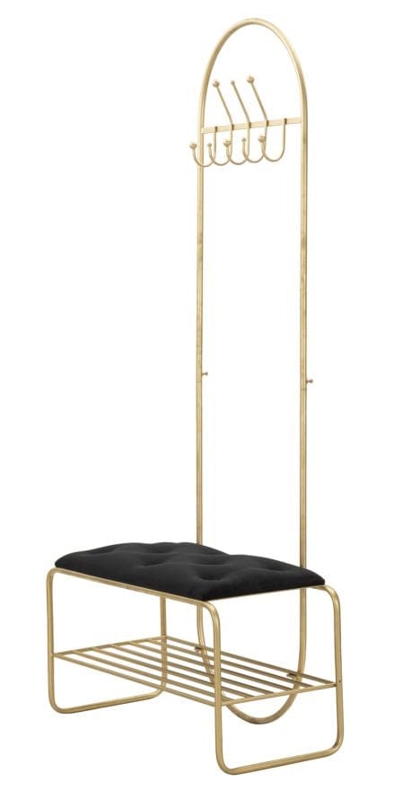 Banca tapitata cu stofa si picioare metalice, cu suport pantofi si cuier, Piramid Velvet Auriu / Negru, l80xA38,5xH180 cm (3)