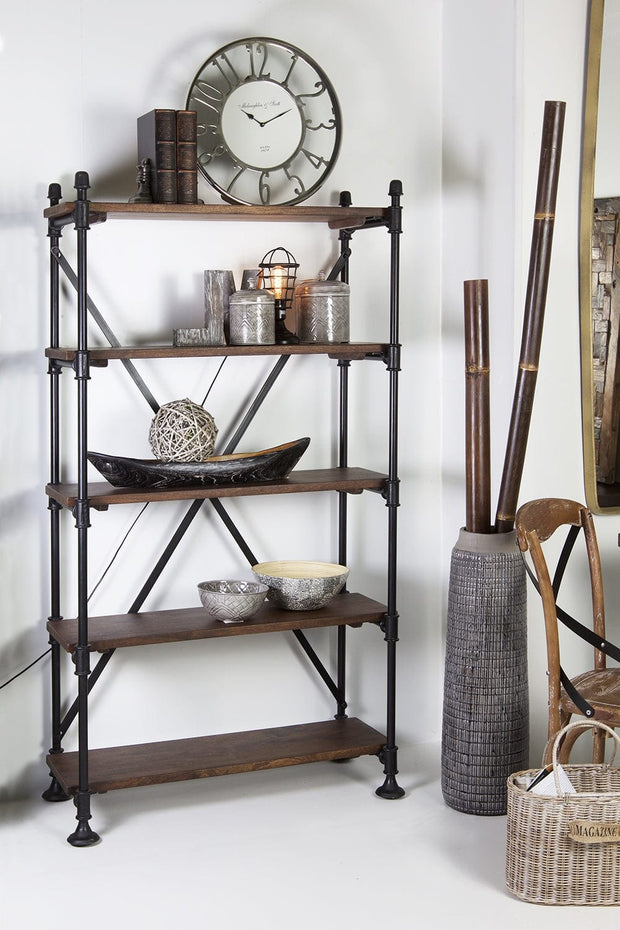 Moycor Biblioteca din lemn si metal, Pipa Nuc / Negru, l100xA40xH180 cm