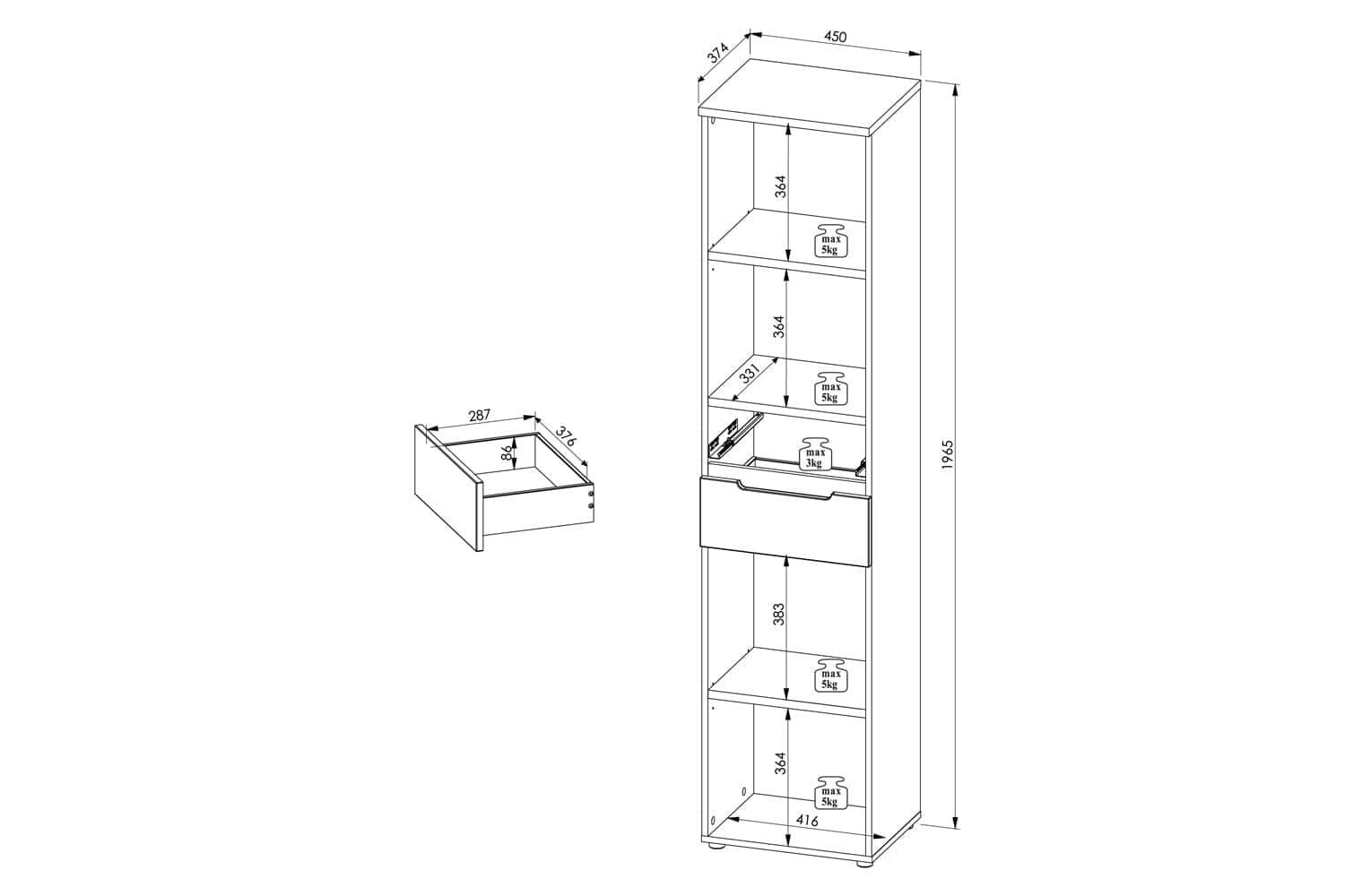 Szynaka Biblioteca din MDF cu 2 sertare, Brego 06 Antracit / Stejar Artisan, l45xA38xH197 cm