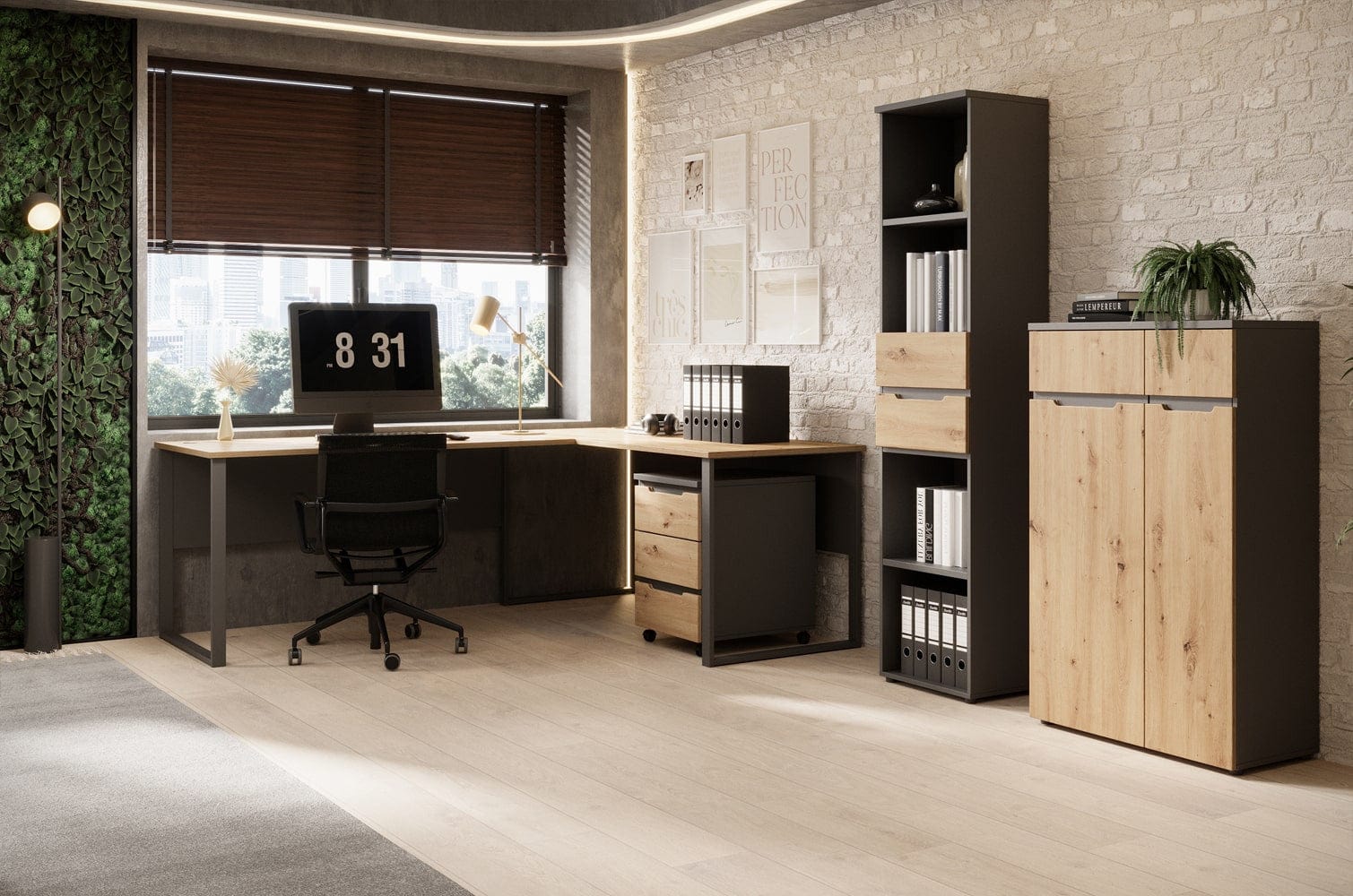 Szynaka Biblioteca din MDF cu 2 sertare, Brego 06 Antracit / Stejar Artisan, l45xA38xH197 cm