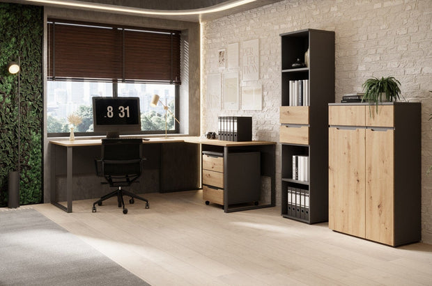 Szynaka Biblioteca din MDF cu 2 sertare, Brego 06 Antracit / Stejar Artisan, l45xA38xH197 cm